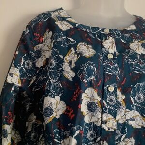 Duluth‎ Trading Co Womens Floral Poppy Button Front Tunic Top Teal Blue Large